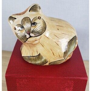 Vintage Paper Mache Hand Painted Sitting Cat Cream Tabby India with Box